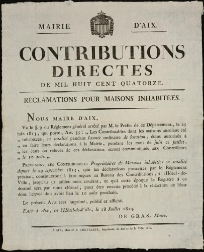 Contributions directes de mil huit cent quatorze. Réclamations pour maisons inhabitées. / Mairie d'Aix