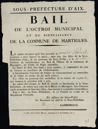 Bail de l'octroi municipal et de bienfaisance de la commune de Martigues / Sous-préfecture d'Aix