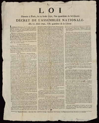 Loi donnée à Paris, le 12 août 1792, l'an quatrième de la liberté. Décret de l'Assemblée nationale, du 12 août 1792, l'an quatrième de la liberté