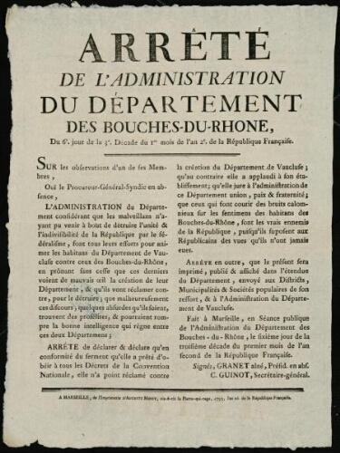 Arrêté de l'administration du département des Bouches-du-Rhône