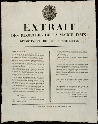 Extrait des registres de la mairie d'Aix, département des Bouches-du-Rhône / Mairie d'Aix