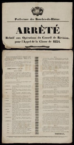 Arrêté relatif aux opérations du Conseil de révision pour l'appel de la classe de 1834  / Préfecture des Bouches-du-Rhône