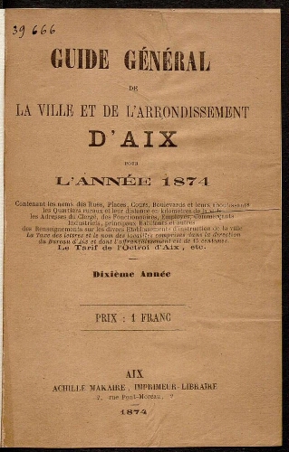 Guide Général de la Ville et de l'Arrondissement d'Aix