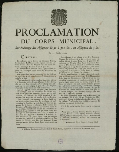 Proclamation du corps municipal, sur l'échange des assignats de 50 à 300 livres en assignats de 5 livres du 31 janvier 1792 / [Mairie d’Aix]