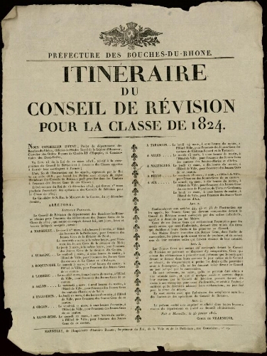 Itinéraire du Conseil de révision pour la classe de 1824 / Préfecture des Bouches-du-Rhône