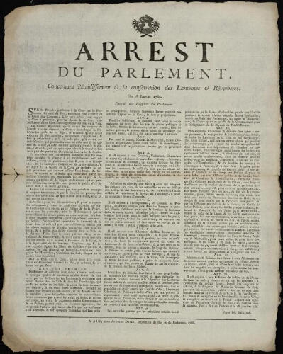 Arrest du Parlement, concernant l'établissement & la conservation des lanternes & réverberes. Du 18 janvier 1786. Extrait des registres du Parlement