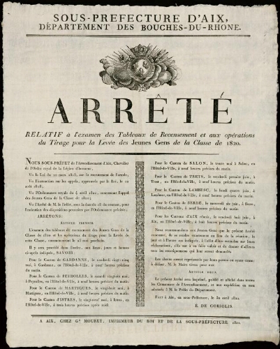 Arrêté relatif à l'examen des tableaux de recensement et aux opérations du tirage pour la levée des jeunes gens de la classe de 1820 / Sous-préfecture d'Aix
