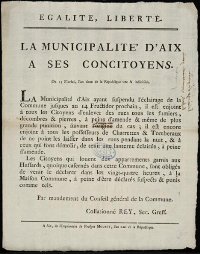 La Municipalité d'Aix a ses concitoyens / Conseil général de la commune d'Aix