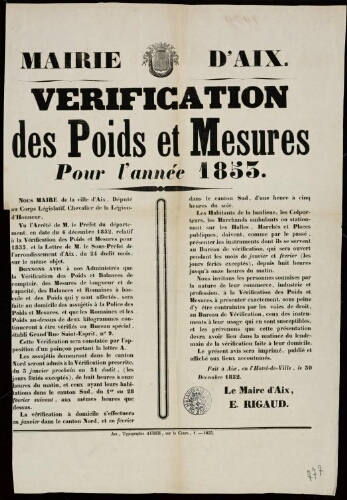 Vérification des poids et mesures pour l'année 1853 / Mairie d'Aix
