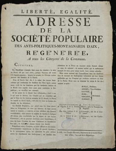 Adresse de la Société Populaire des anti-politiques-montagnards d'Aix, régénérée, à tous les citoyens de la commune