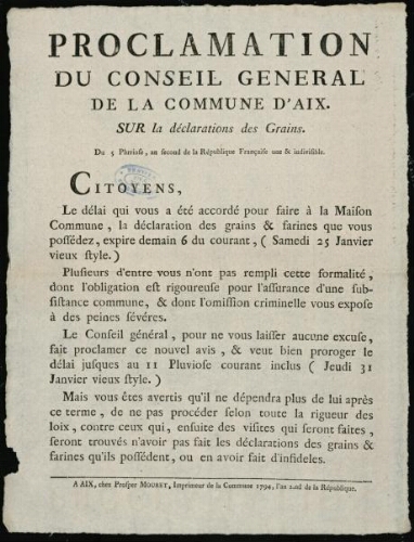 Proclamation du Conseil Général de la commune d'Aix sur la déclarations des grains