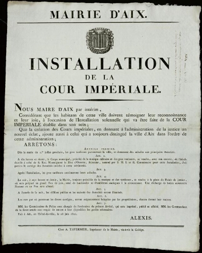 Installation de la Cour impériale / Mairie d'Aix