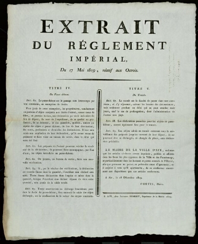 Extrait du règlement impérial, du 17 mai 1809, relatif aux octrois / Mairie d'Aix