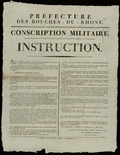 Conscription militaire. Instruction. / Préfecture des Bouches-du-Rhône