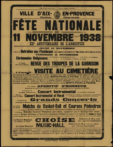 Fête nationale du 11 Novembre 1938. XX e Anniversaire de l'Armistice / Mairie d'Aix