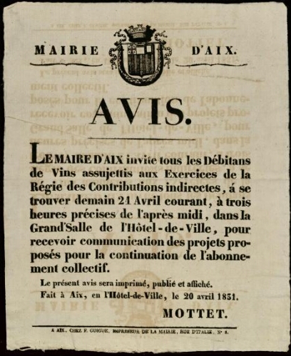 Avis [à] tous les débitans de vins assujettis aux exercices de  régie des contributions..... / Mairie d'Aix