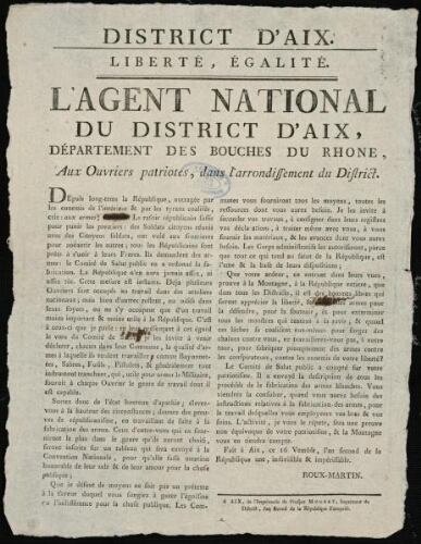 L'agent national du district d'Aix, département des Bouches du Rhône, aux ouvriers patriotes, dans l'arrondissement du disctrict