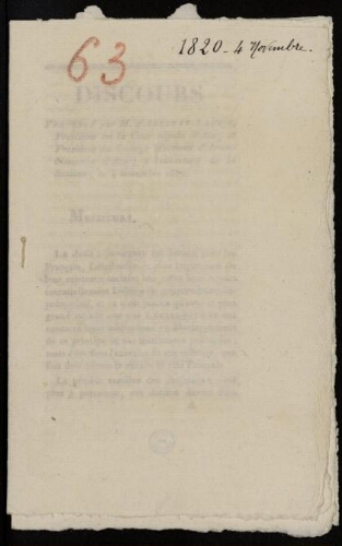 Discours prononcé par M. d'Arlatan-Lauris, président en la Cour royale d'Aix, et président du collège électoral d'arrondissement d'Aix, à l'ouverture de la session le 4 novembre 1820