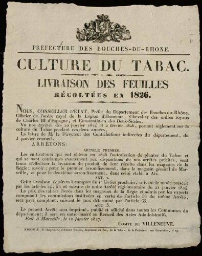 Culture du tabac. Livraison des feuilles récoltées en 1826 / Préfecture des Bouches-du-Rhône