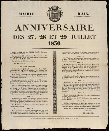 Anniversaire des 27, 28 et 29 juillet 1880 / Mairie d'Aix