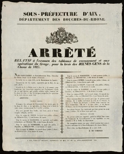 Arrêté relatif à l'examen des tableaux de recensement et aux opérations du tirage, pour la levée des jeunes gens de la classe de 1827 /Sous-préfecture d'Aix