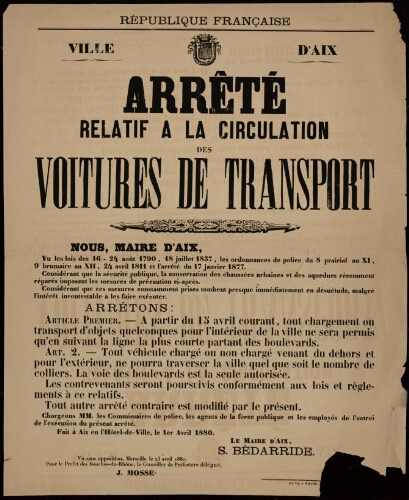 Arrêté relatif à la circulation des voitures de transport / Ville d’Aix