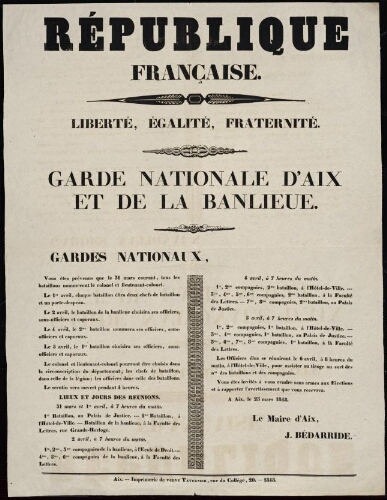 République française...  Gardes nationaux, vous êtes prévenus que le 31 mars courant, tous les bataillons nommeront le colonel... [signé le Maire d’Aix]