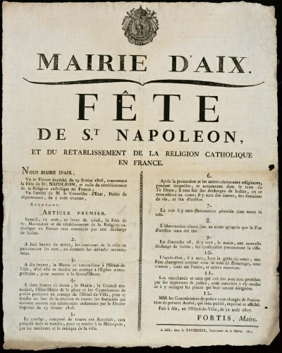 Fête de St Napoléon et du rétablissement de la religion catholique en France / Mairie d'Aix