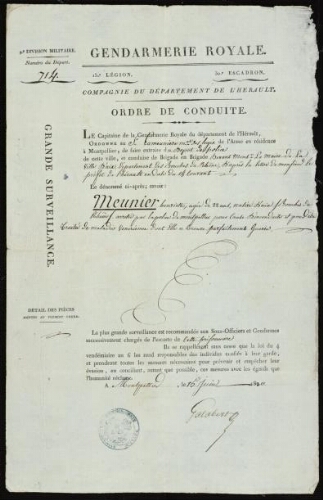 Ordre de conduite de Meunier (Henriette), native d'Aix. Gendarmerie royale. Compagnie du département de L'Hérault