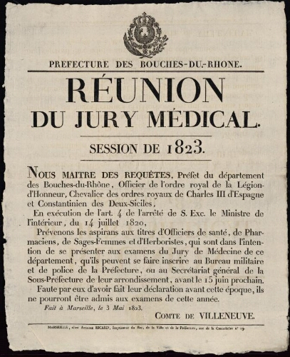 Réunion du jury médical. Session de 1823 / Préfecture des Bouches-du-Rhône